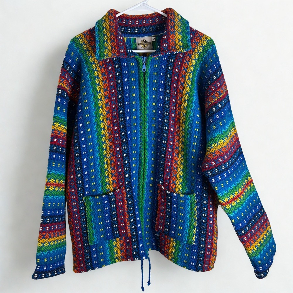 EARTH RAGZ Vintage Rainbow 90's 100% Wool Full Zip Sweater Jacket Large Boho